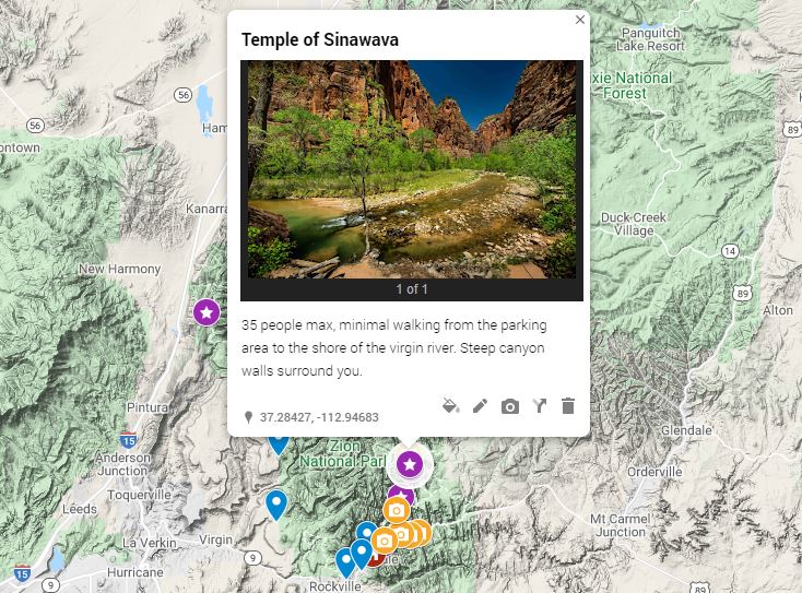 A detailed map of zion elopement locations inside and outside the park.