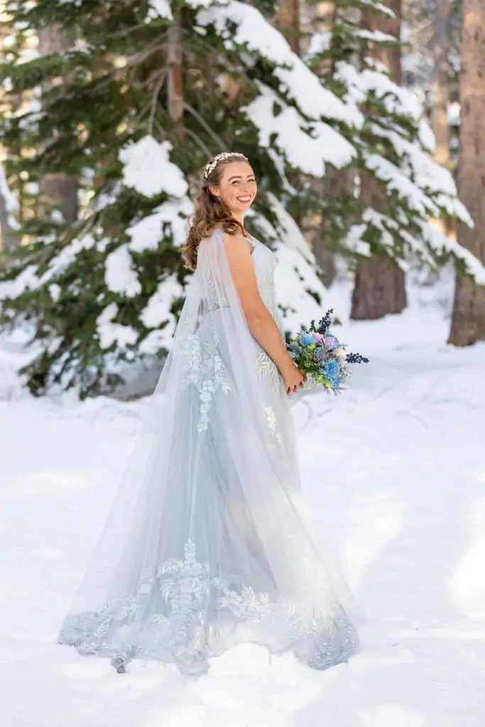 A bride wearing a silver gown in a snowy forest.