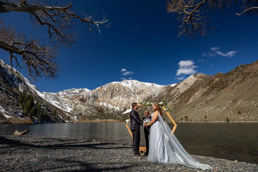 A wedding on the shore of Convict Lake in April.