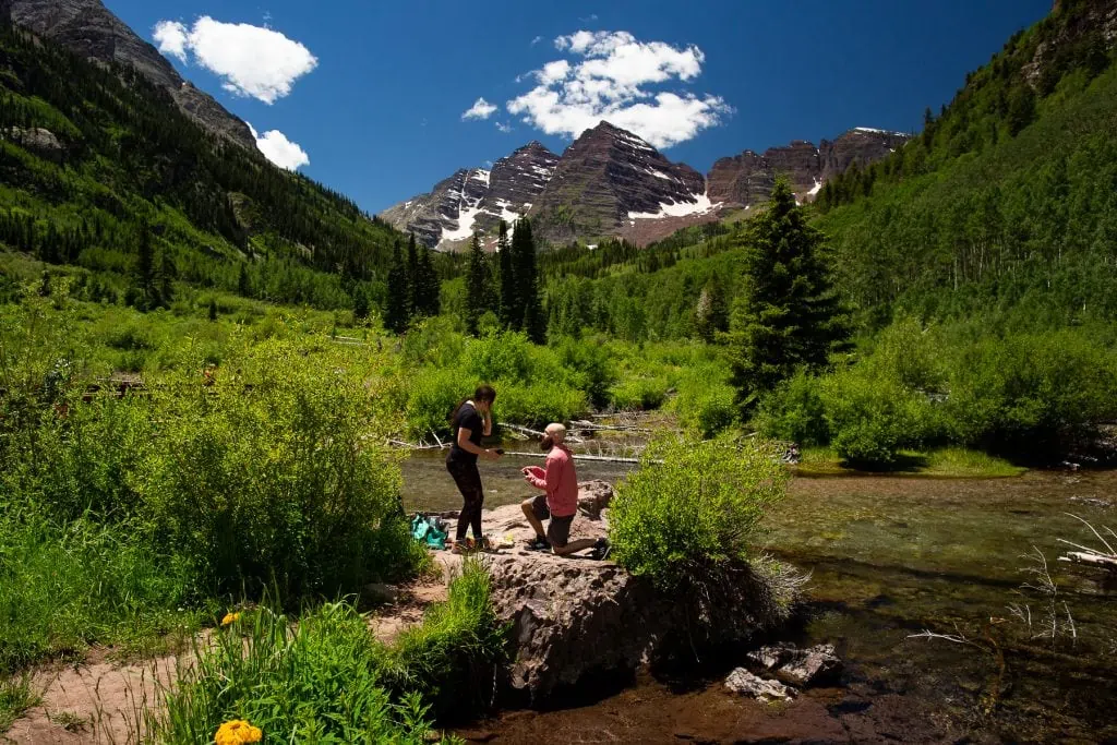 A proposal at the maroon bells in Aspen, Colorado.
