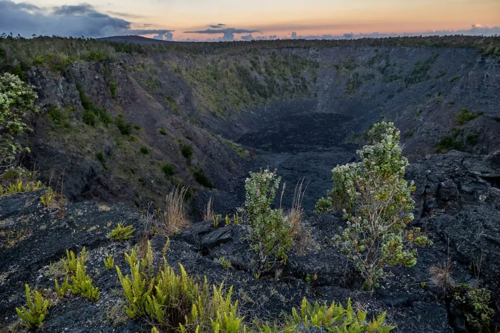 An extinct volcanic crater along the scenic drive in Hawaii Volcanoes National Park.