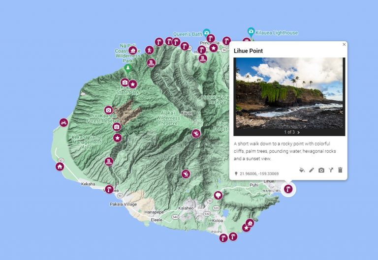 A map of the best Kauai elopement locations with pins all over the island.