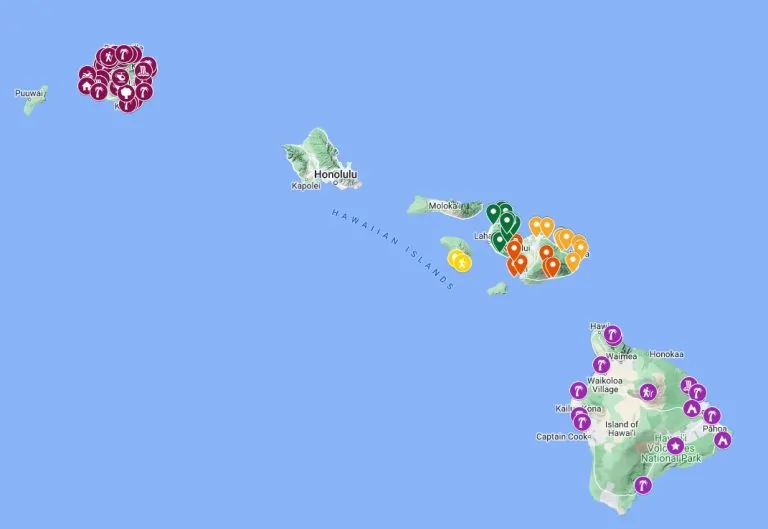 A map of all the elopement locations in Hawaii including Maui, Kauai and Hawaii.
