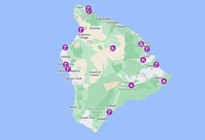 A map of hawaii elopement locations with purple pinpoints.