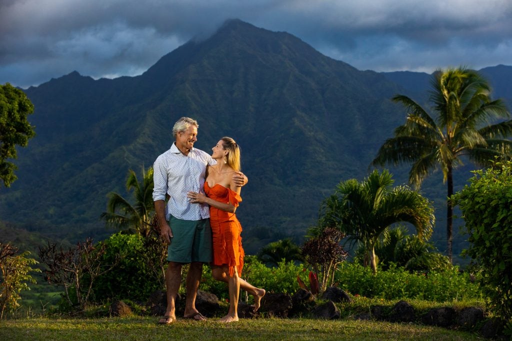A romantic photo of a couple in the mountains of Kauai.