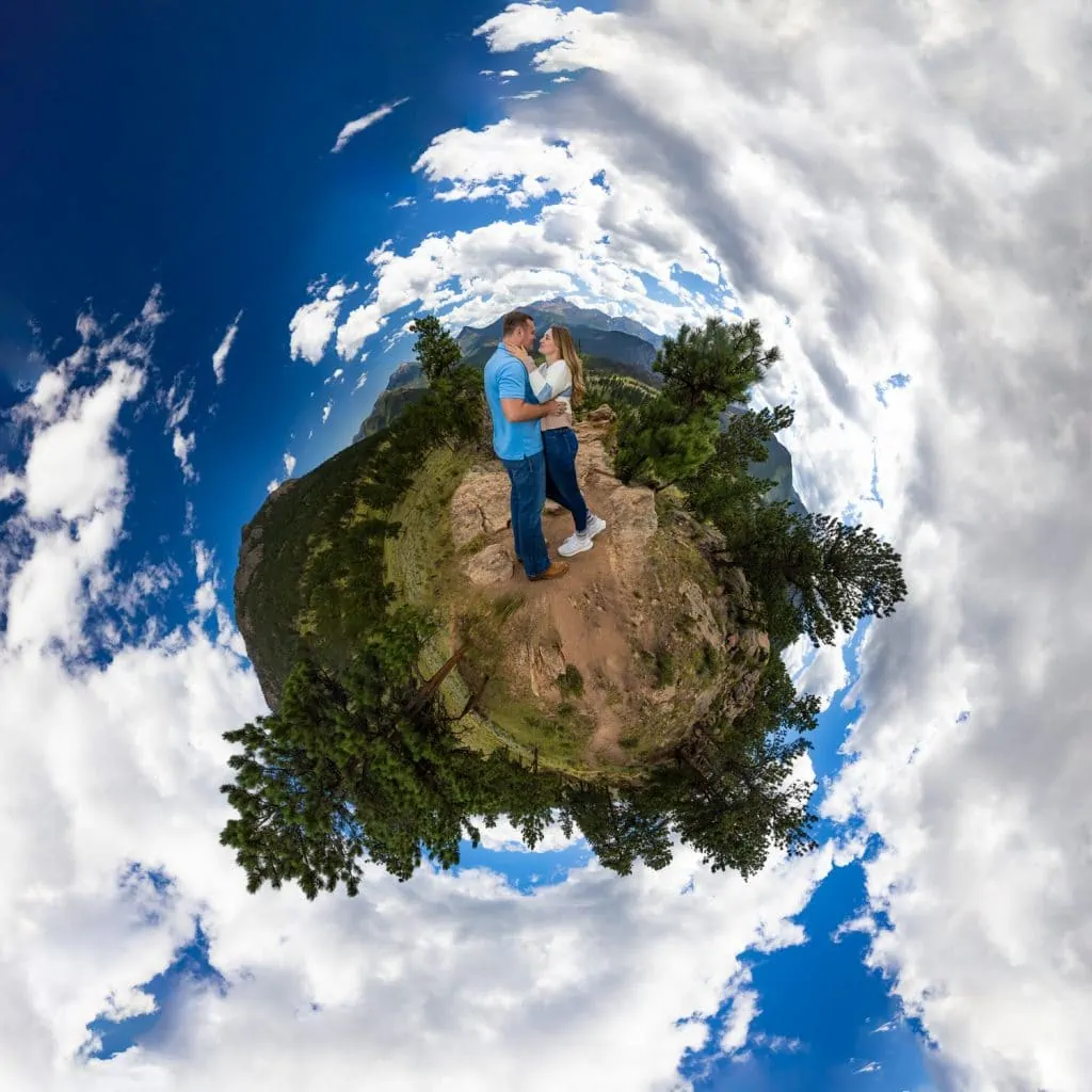 A tiny world image of the rocky mountains where Kenny proposed to Alexis on a sunny day.
