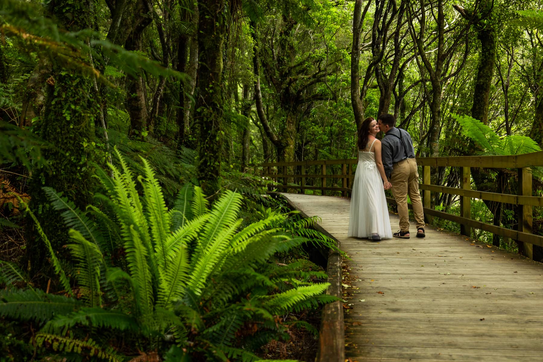 The groom kisses the bride's cheek in the fern jungle on a boardwalk on the south island of New Zealand.