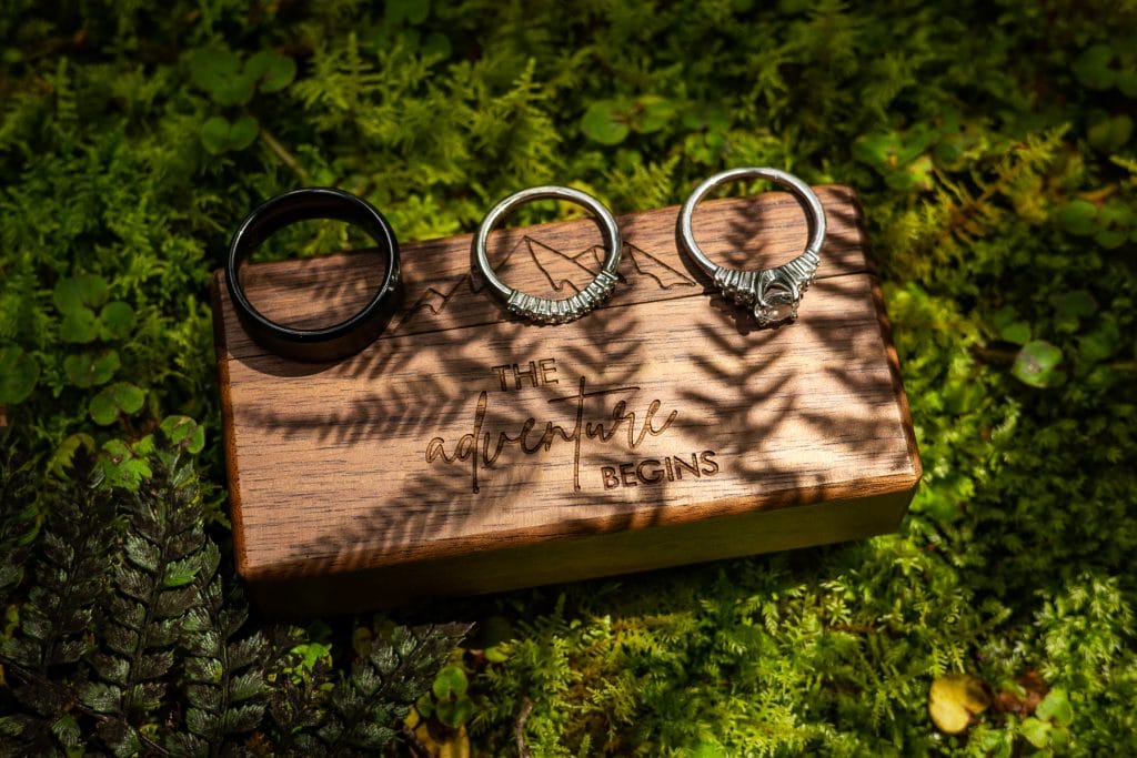 The shadow of a fern over the elopement couple's ring box.