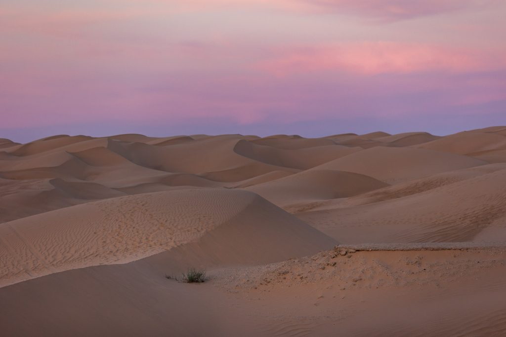 Pink sky hangs over California Sand Dunes stretching into the distance.