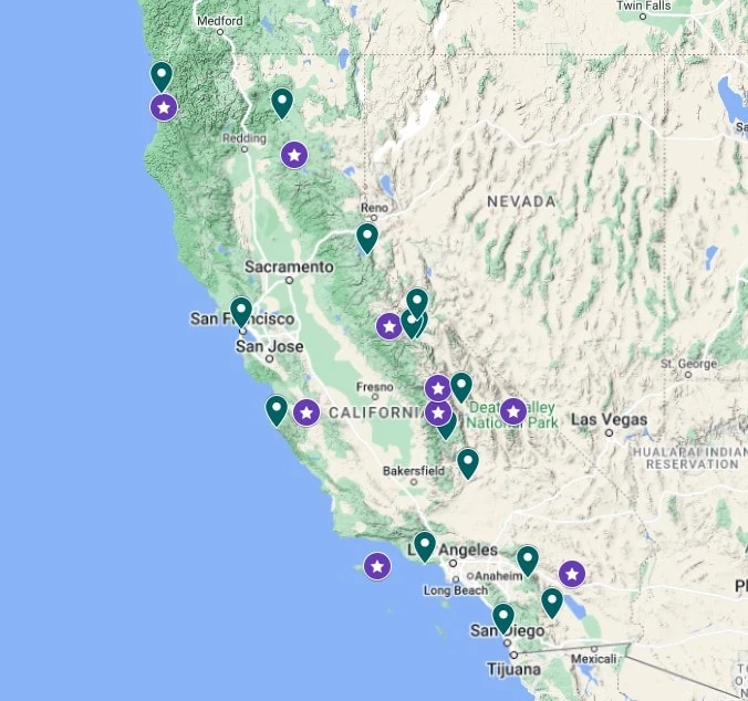 A massive map of California elopement locations guide pins to show people where they can elope in California.
