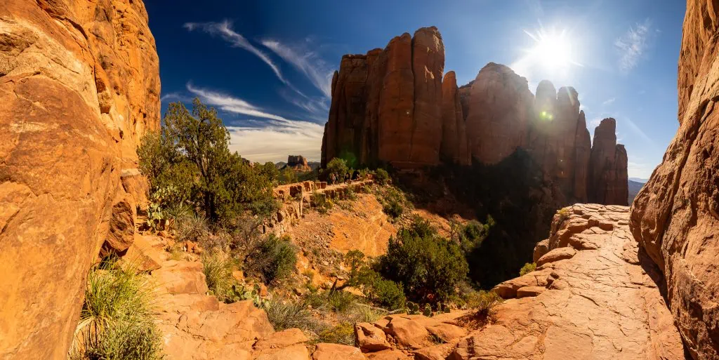 A panorama of Cathedral Rock in Sedona by Sedona Elopement photographer Lucy Schultz.