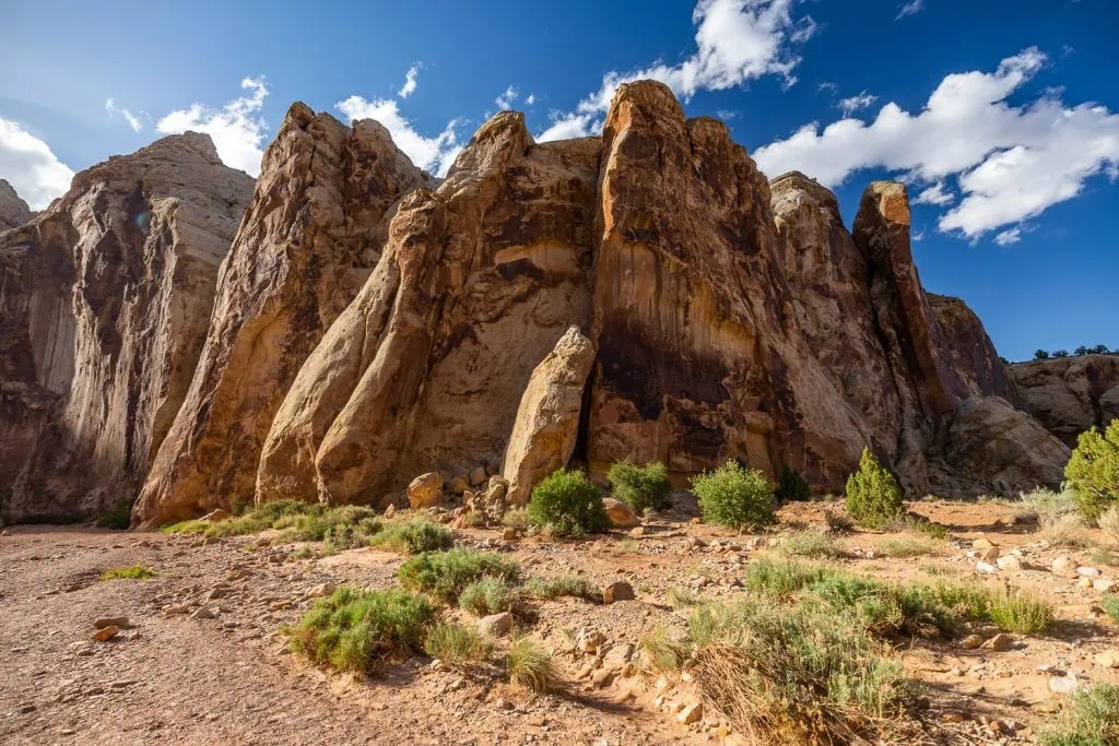 Huge stone walls typify the desert scenery in Capitol Reef National Park in central Utah.