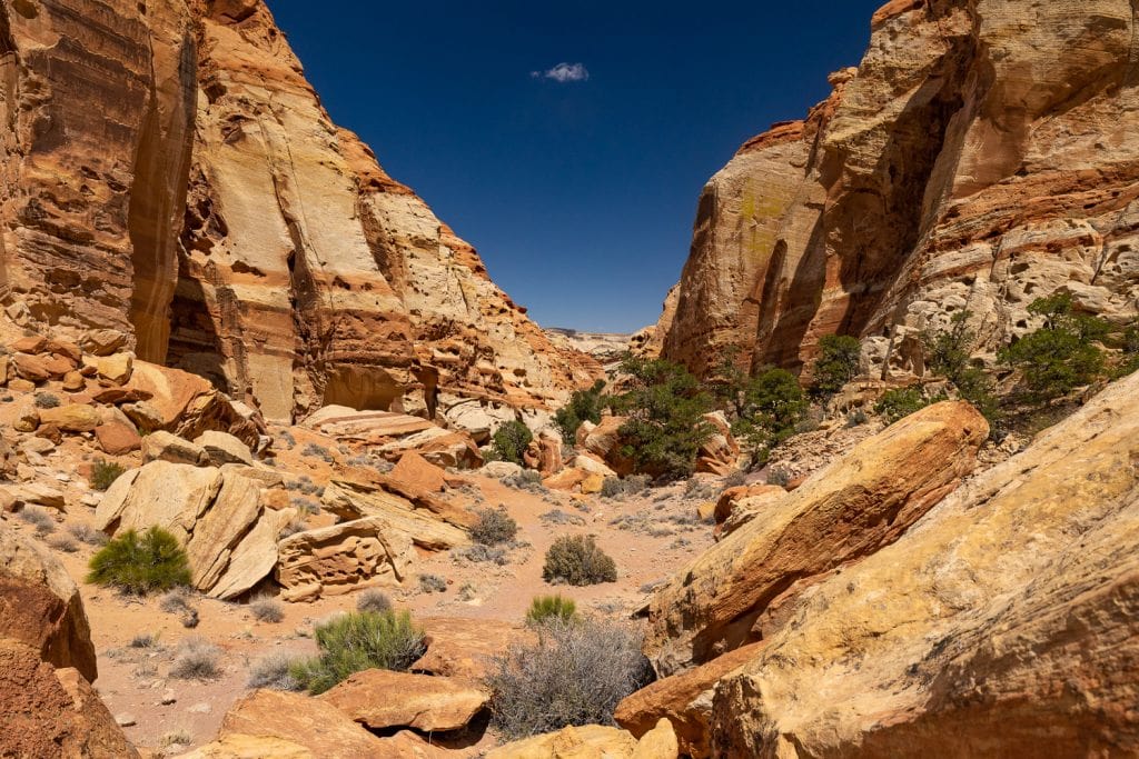 Blue sky over a colorful yellow and orange striped desert canyon in Capitol Reef National Park.