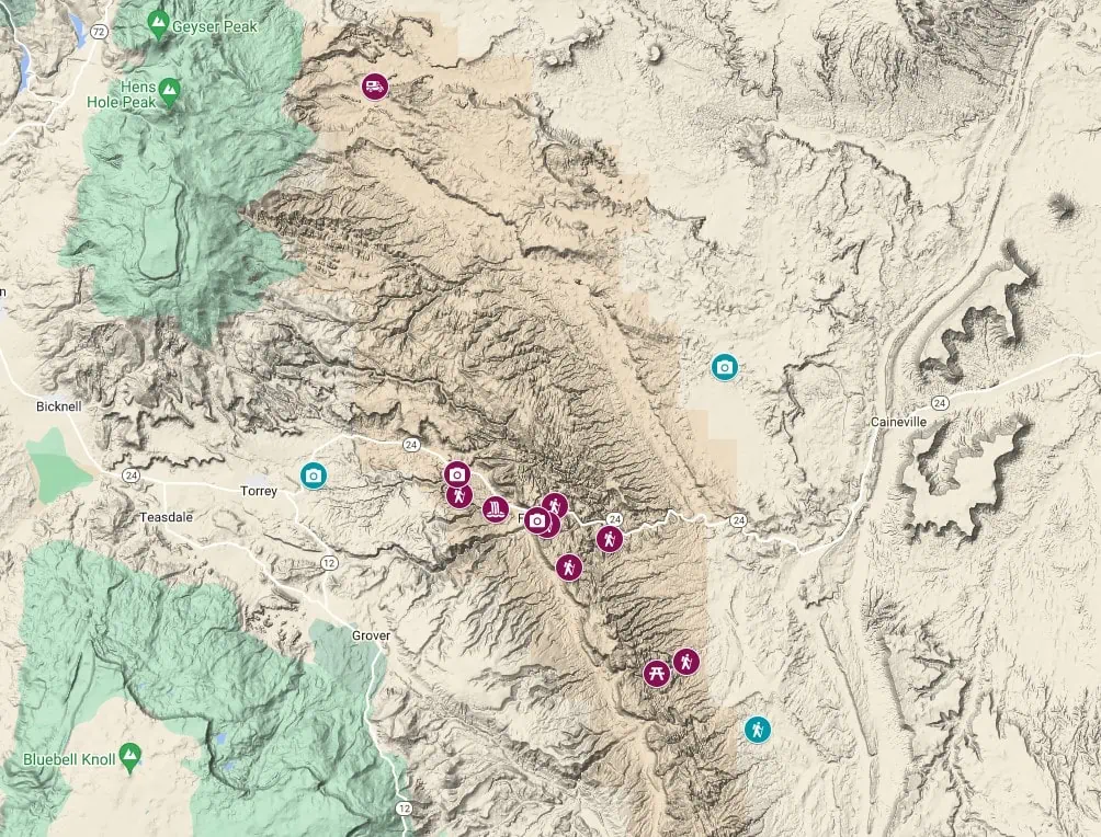 A detailed map of elopement locations within Capitol Reef National Park.
