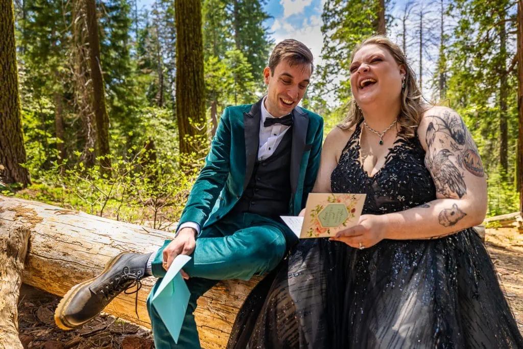 A newlywed couple roars with laughter while reading a card sent by family on their elopement day in the giant sequoias.
