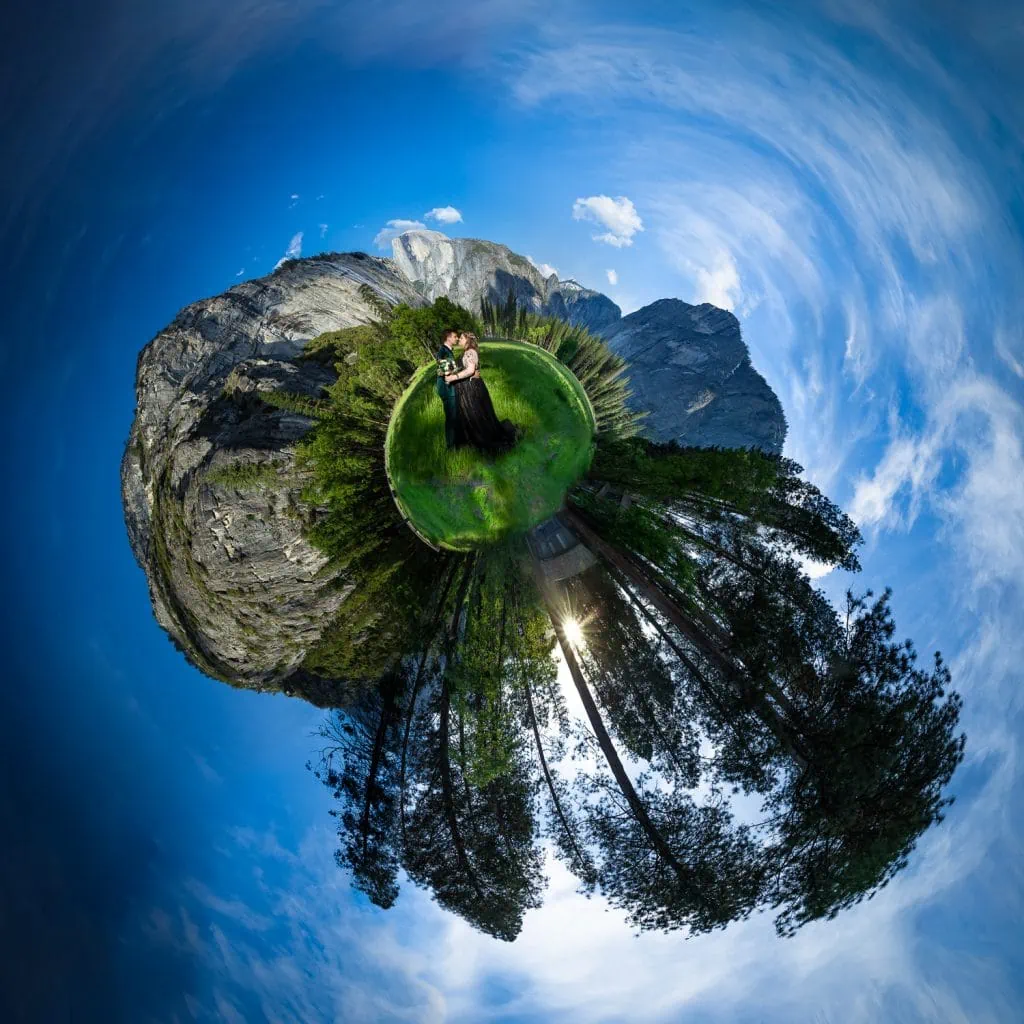 A 360 degree panorama of an elopement couple in front of Half Dome meadow in Yosemite National Park.