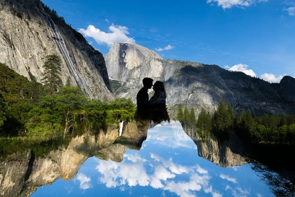 A silhouette of the bride and groom on their yosemite elopement day in front of half dome.
