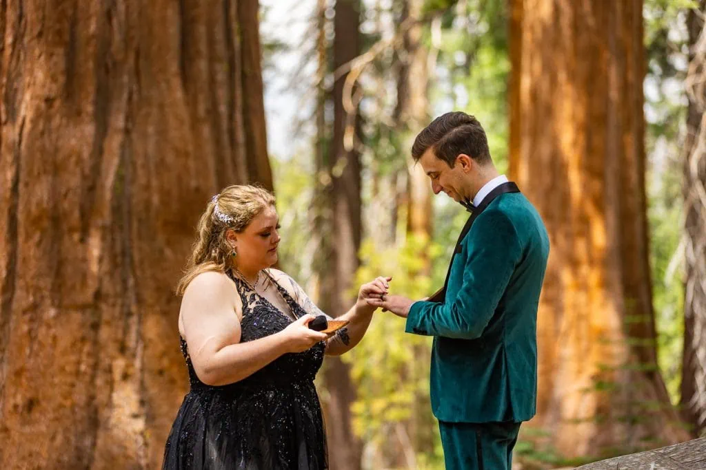 The bride places the wedding ring on her husbands hand during their private yosemite elopement ceremony.