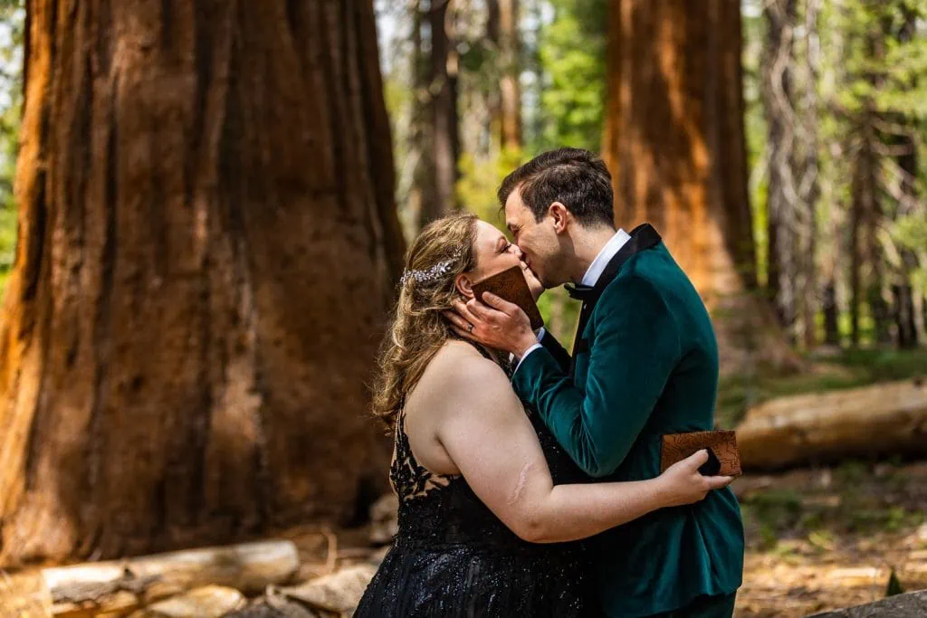 The elopement couple shares their first kiss as newlyweds in Tuolumne grove in Yosemite national park.