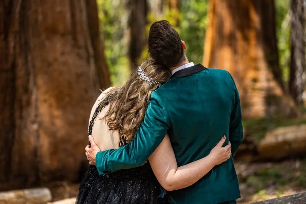 The bride wearing a black dress puts her arm around the groom as they gaze into the forest canopy on their yosemite elopement day.