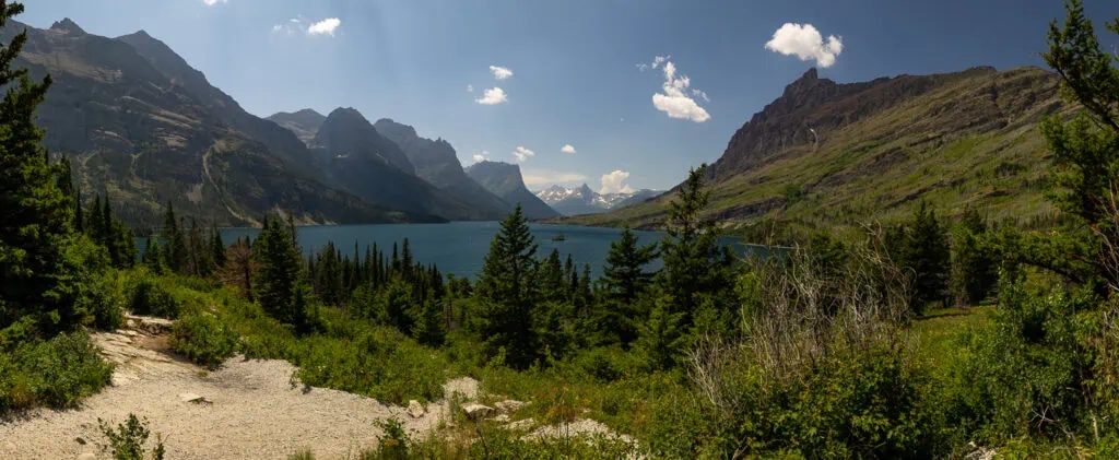 A panoramic photo of Wild Goose Island in Summer at Glacier National Park, Montana.