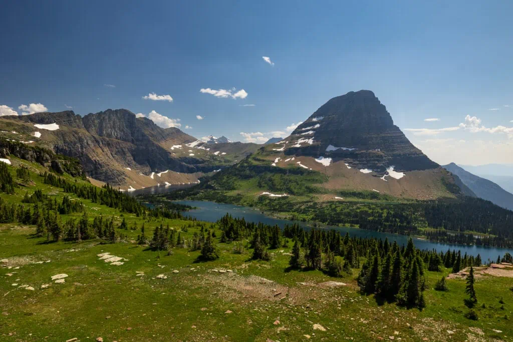 Looking down on Hidden Lake on a hiking trail in Glacier National Park.