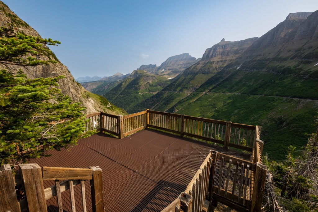The goat observatory deck at Logan Pass looking west along Going to the Sun Road.