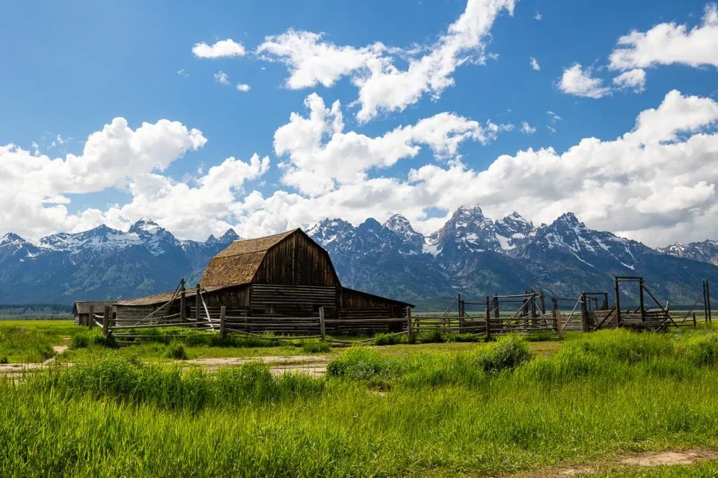 The John Moulton Barn in Grand Tetons National Park on a sunny day with green grass in front in this landscape photo by photographer Lucy Schultz.