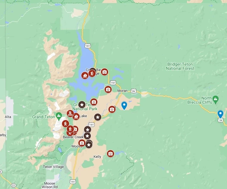 A screenshot of an interactive map detailing the 7 designated elopement locations in Grand Teton National Park, as well as great photo spots and highlights of the area.