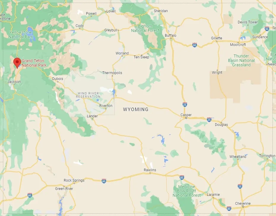 A map of wyoming showing the location of Grand Tetons National Park.