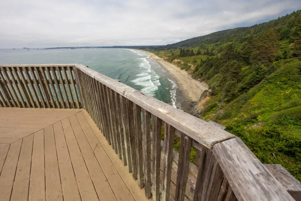 The Crescent City beach overlook offers a view to the north along the coastline from a developed wooden observation deck.
