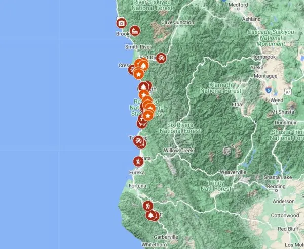 A map of elopement locations in Redwoods National and state parks.