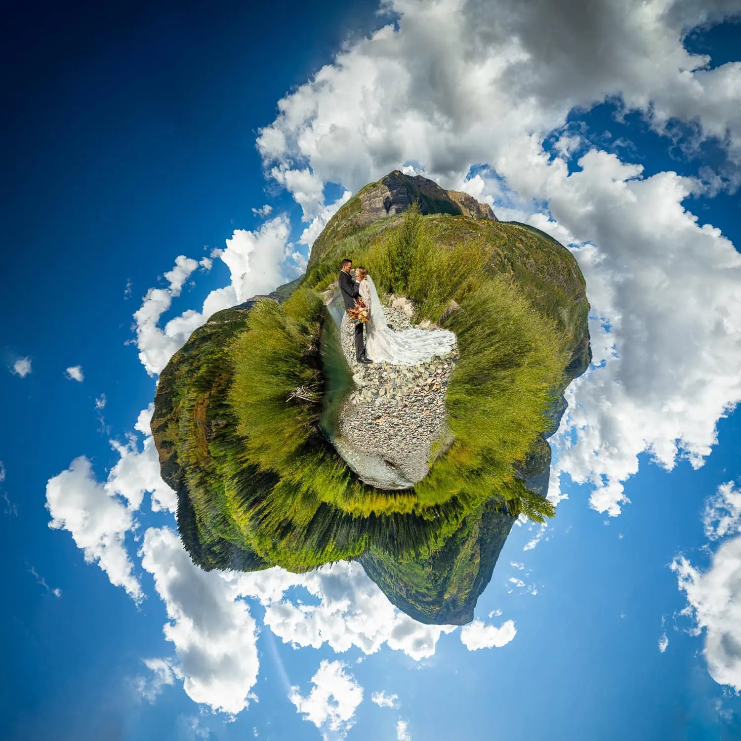 A creative 360 tiny planet image of a couple eloping in Marble, Colorado.