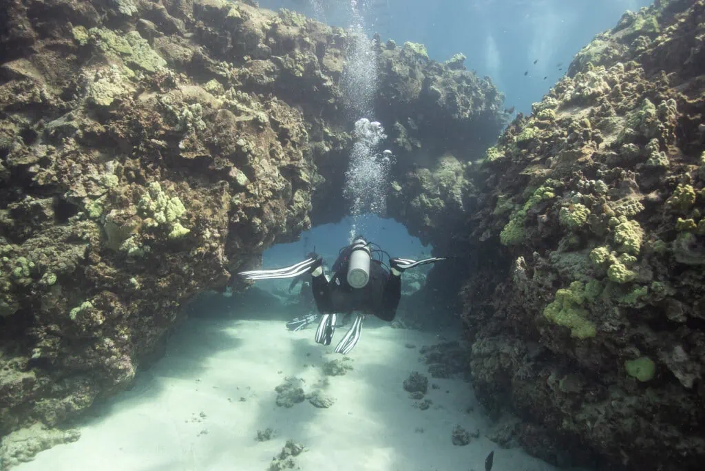 A natural arch in an underwater coral reef is the right size for scuba divers to pass through.